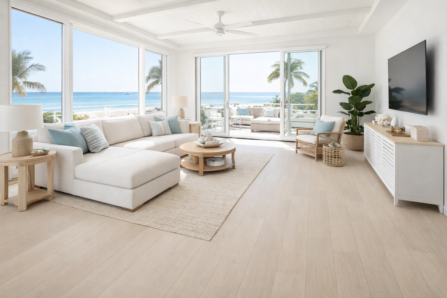 Modern living room with white furniture, ocean view, and palm trees.